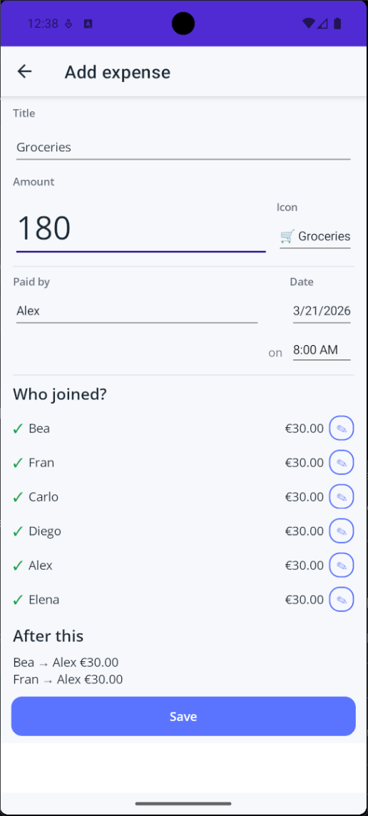 Add expense - title, amount, participants, and instant impact preview