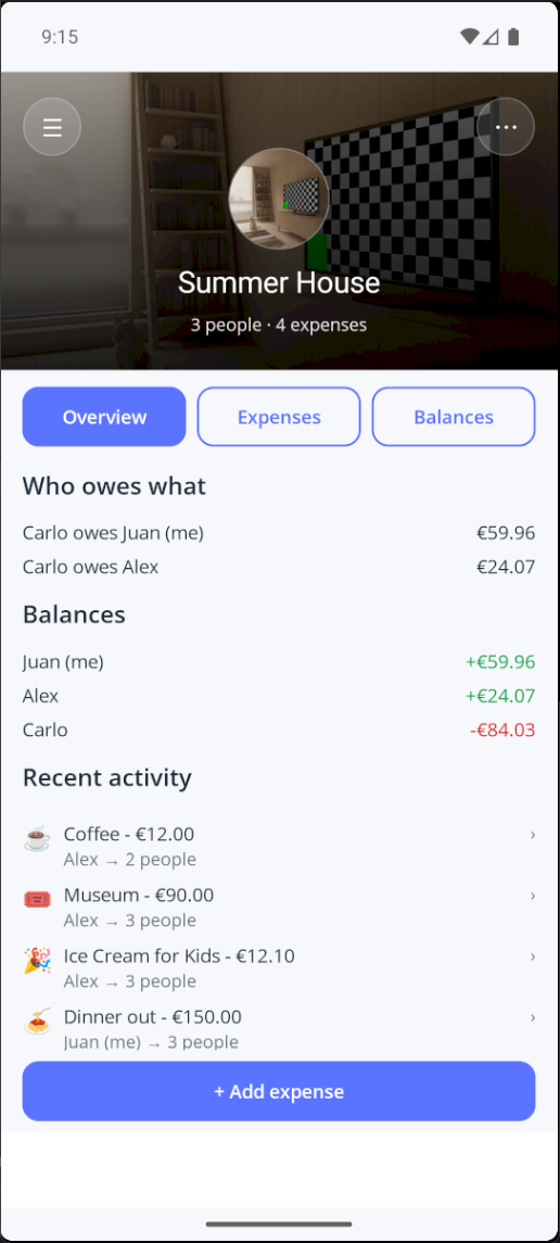 LuSplit - group overview with balances and recent activity