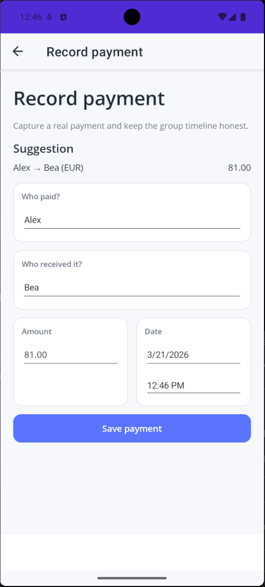 Record payment - save a suggested payment directly